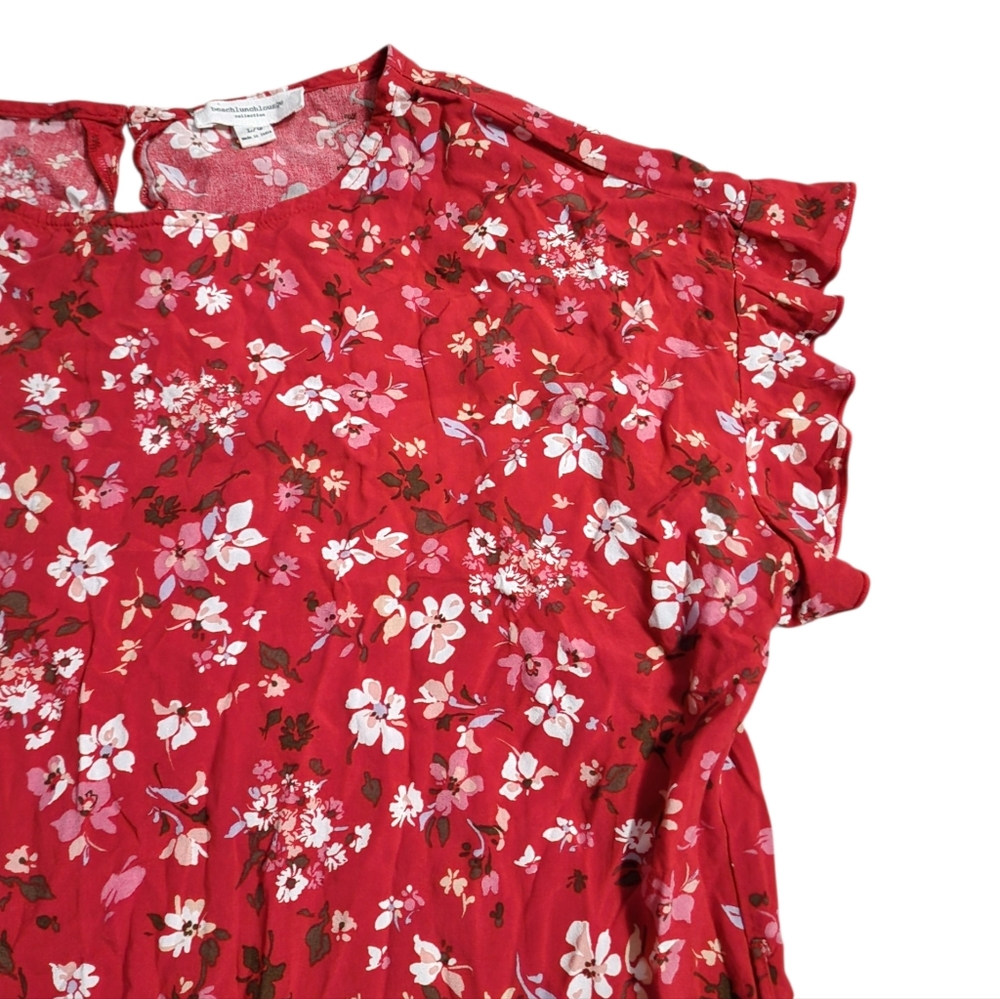 beachlunchlounge sz L large Red floral ruffle sleeve dress - Picture 3 of 7